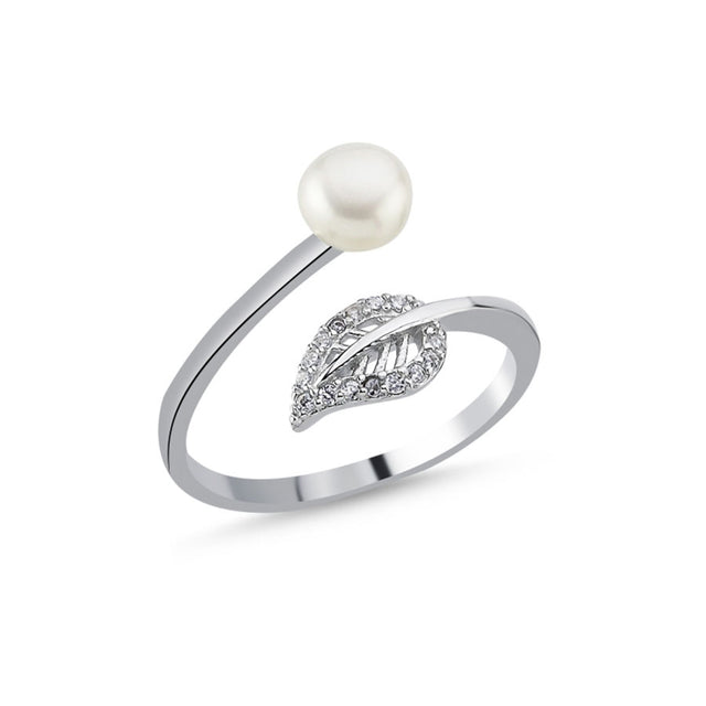 Anillo de hoja con perla