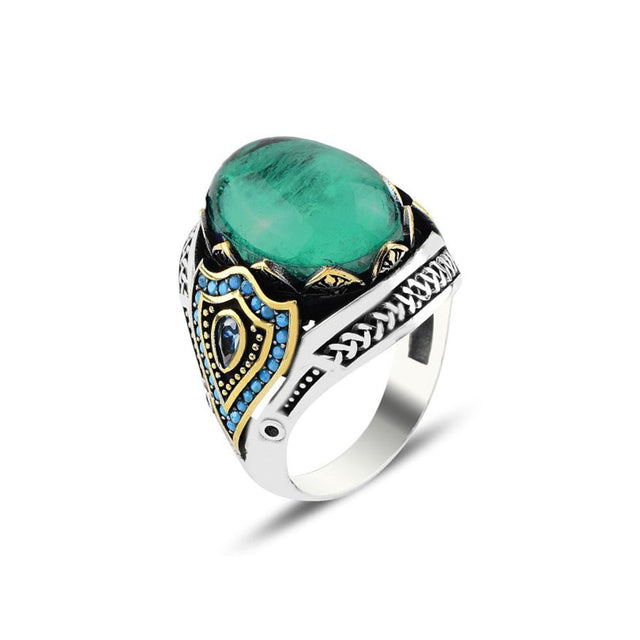 Anillo con turquesas y circonia azul aqua